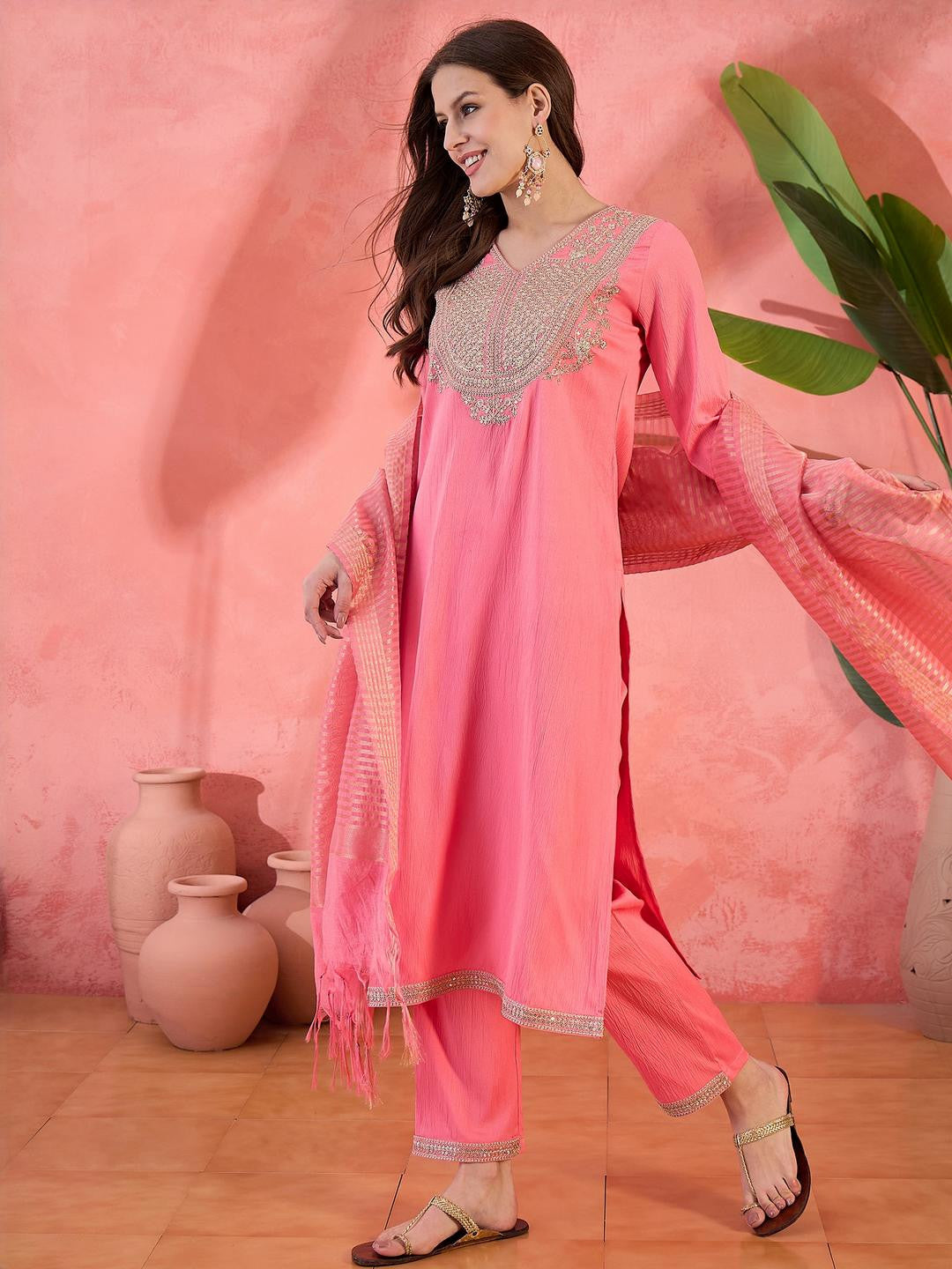 Women Peach Silk Blend Embroidered Kurta Sets