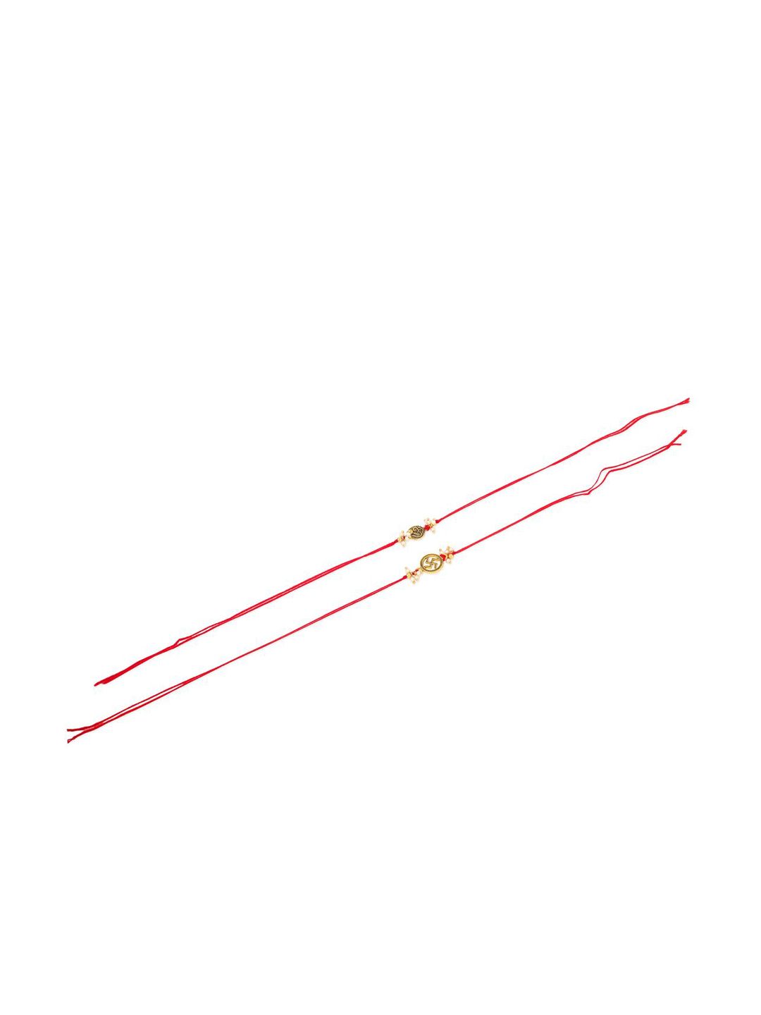 Dhiyona Men Set Of 2 Gold Toned Pearls Swastik Desgin Thread Rakhi With Roli Chawal