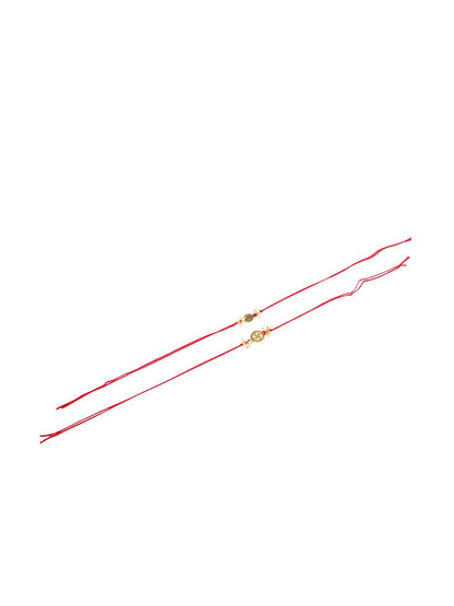 Dhiyona Men Set Of 2 Gold Toned Pearls Swastik Desgin Thread Rakhi With Roli Chawal