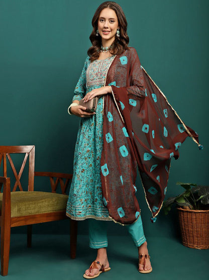 Turquoise Blue Floral Printed Pure Cotton Anarkali Kurta With Trouser & Dupatta