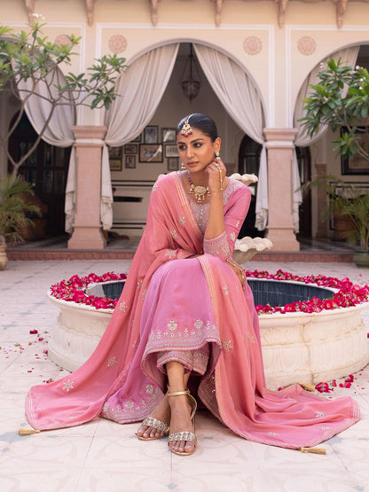 Dhiyona CH Women Ethnic Motifs Self Design Pleated Mirror Work Kurta with Trousers & Dupatta