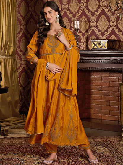 Dhiyona CH Ethnic Motifs Embroidered Round Neck Anarkali Kurta With Trousers & Dupatta