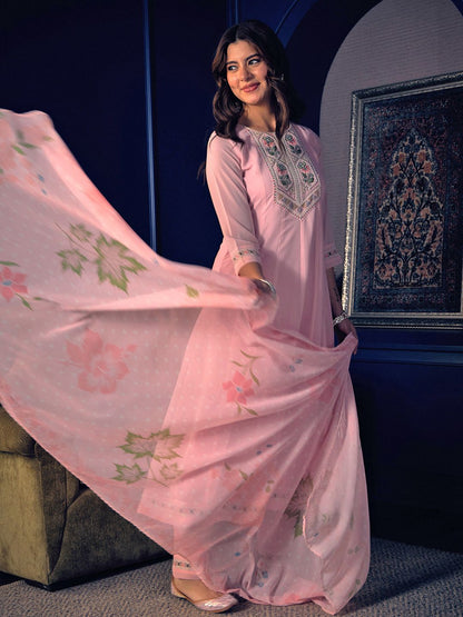 Dhiyona CH Women Embroidered Kurta Set with Printed Dupatta
