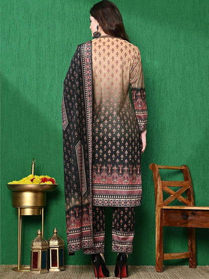 Black & Beige Floral Self Design Winter Velvet Kurta & Trouser With Dupatta