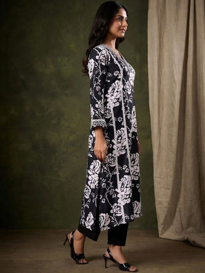 Printed Pure Cotton V-Neck Kurta & Trousers