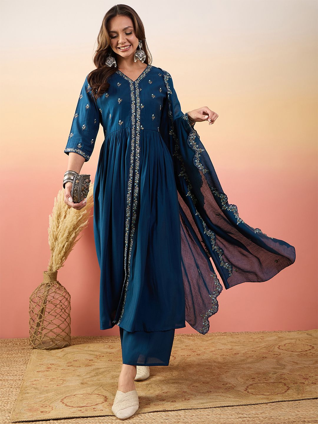 Dhiyona SN Embroidered Kurta With Palazzos & Dupatta