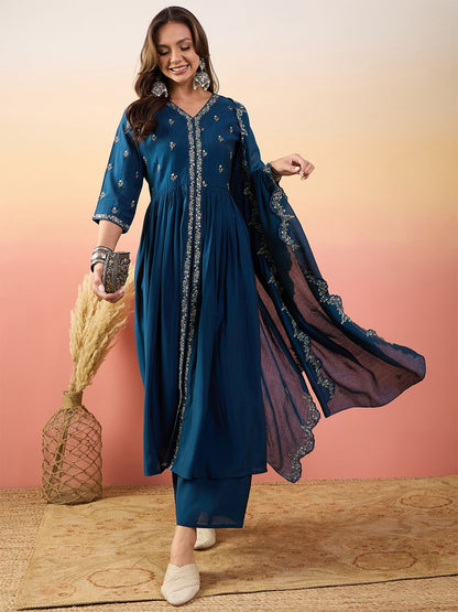 Dhiyona SN Embroidered Kurta With Palazzos & Dupatta