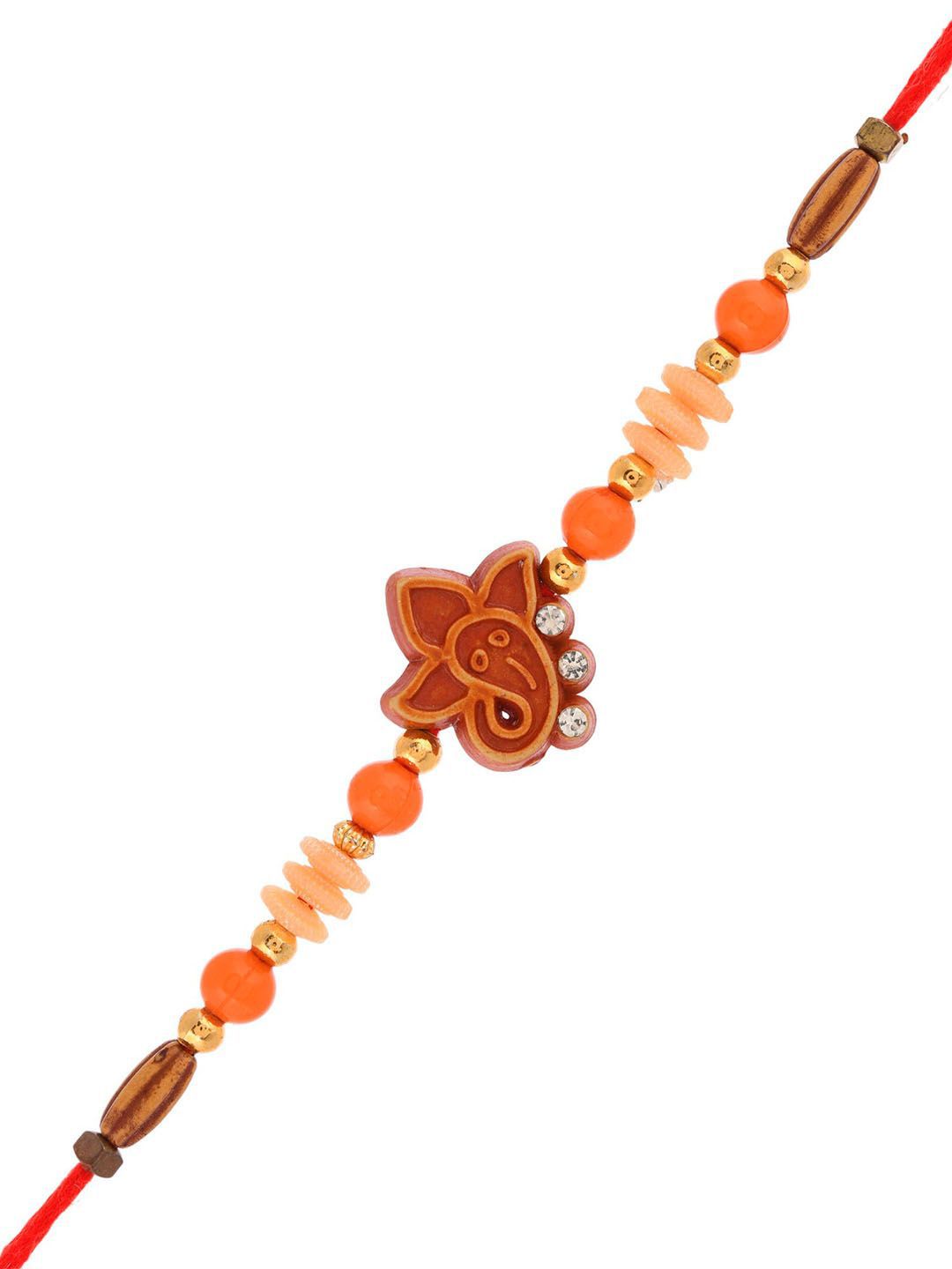 Dhiyona Cute Ganesha Face Beaded Thread Rakhi With Roli Chawal & Greetings Card