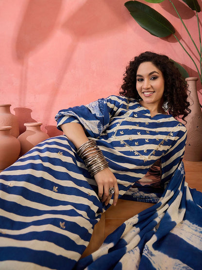 Dhiyona SN Women's Striped Notch Neck Sequinned Pure Cotton Straight Kurta With Trouser & Dupatta