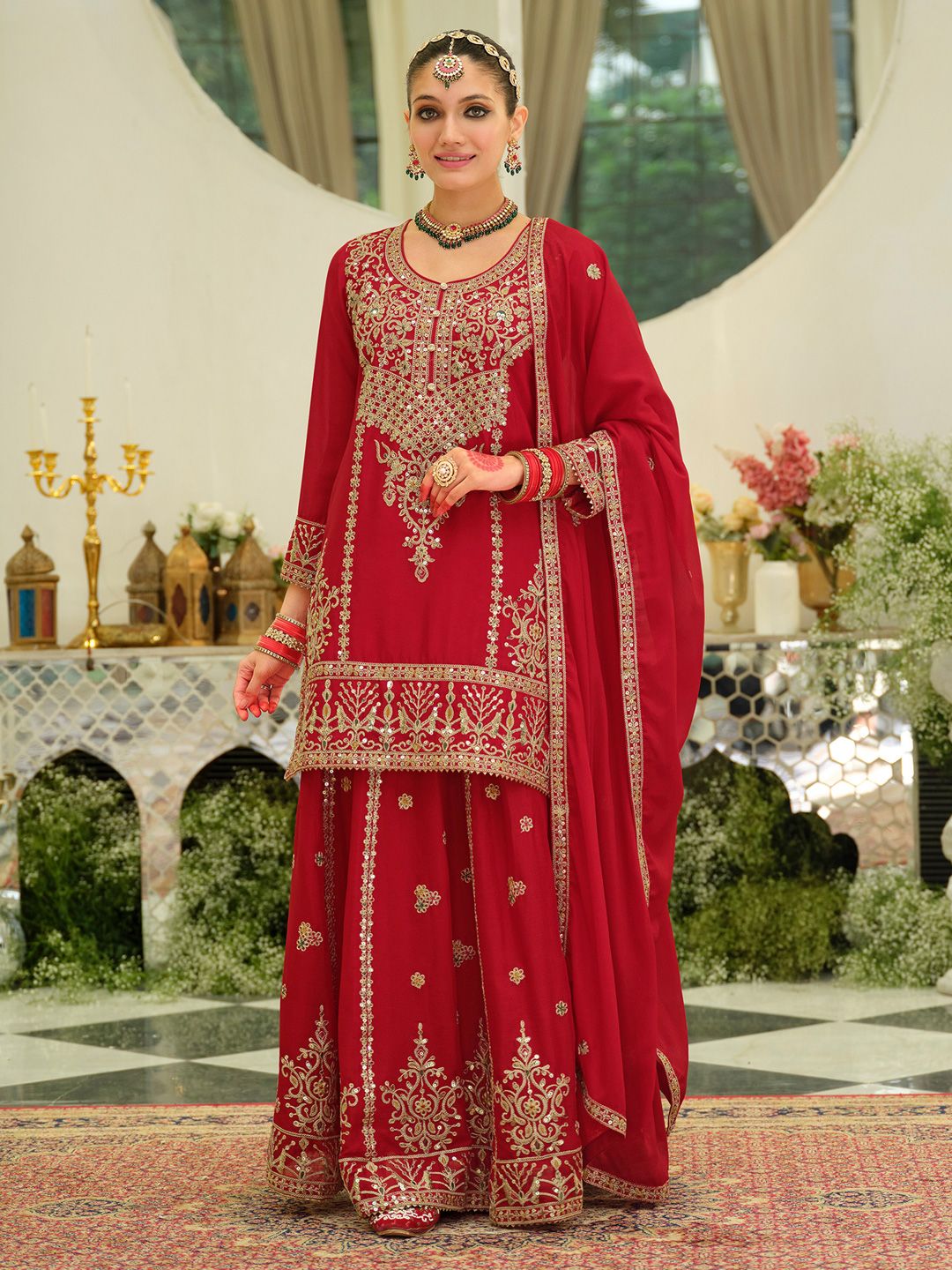 Dhiyona IE Ethnic Motifs Embroidered Sequinned Chinon Straight Kurta With Skirt & Dupatta