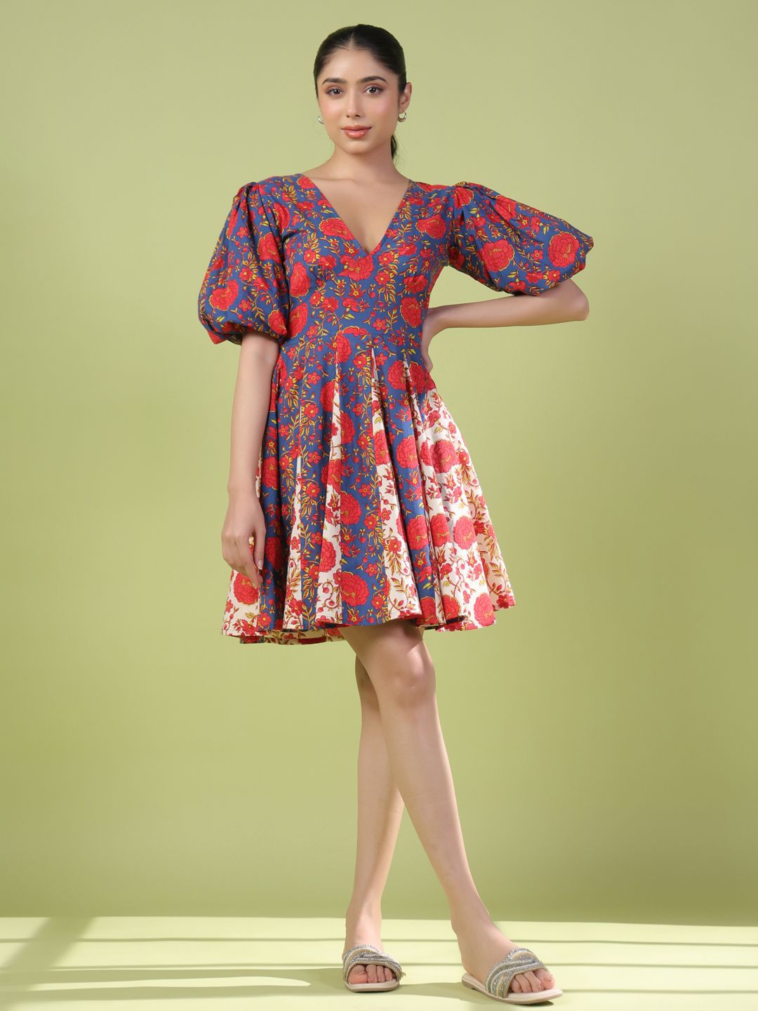 Dhiyona AY Women's Floral Print Puff Sleeve Fit & Flare Dress