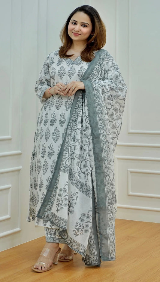 Women Black, White Printed Viscose Rayon Kurta, Pant And Dupatta Set