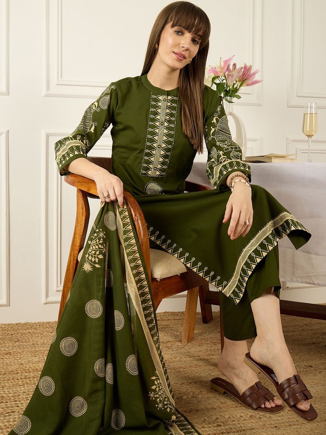 Women Ethnic Motifs Printed Regular Pure Cotton Kurta with Trousers & With Dupatta