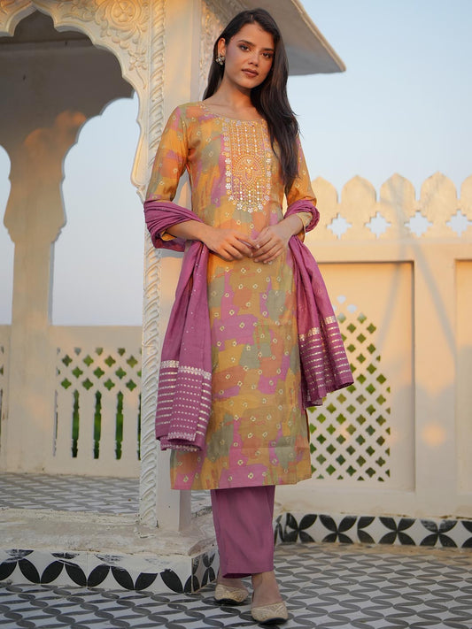 Abstract Printed Regular Mirror Work Straight Kurta with Trousers & Dupatta