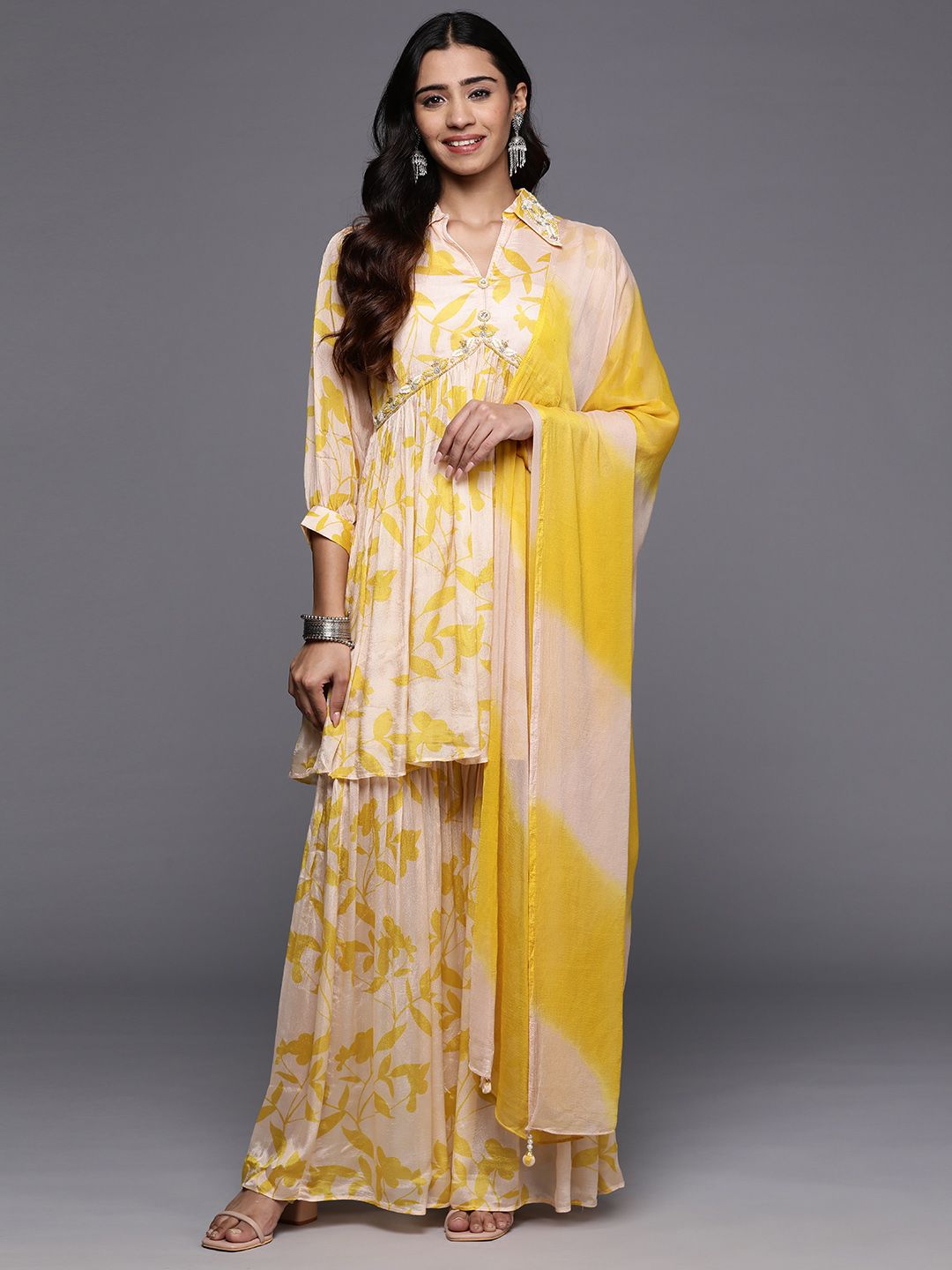 Dhiyona VA Floral Embroidered Empire Beads & Stones Pure Silk Kurti with Sharara & Dupatta