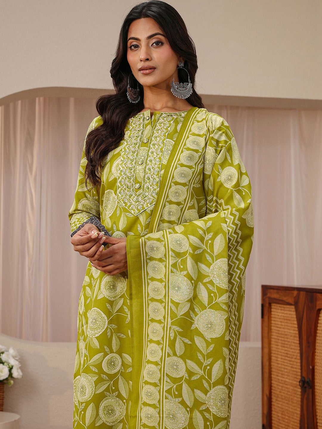 Libas Green Floral Printed Straight Suit Set