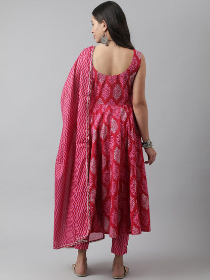 Dhiyona KL Ethnic Motifs Printed Sequinned Cotton Anarkali Kurta & Trousers With Dupatta