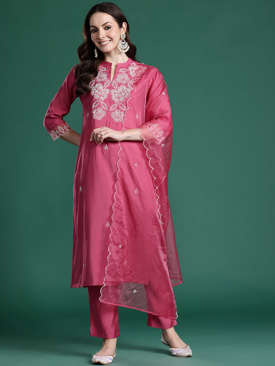 Ethnic Motifs Embroidered Thread Work Kurta with Trousers & With Dupatta