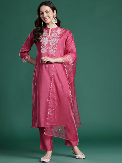 Ethnic Motifs Embroidered Thread Work Kurta with Trousers & With Dupatta