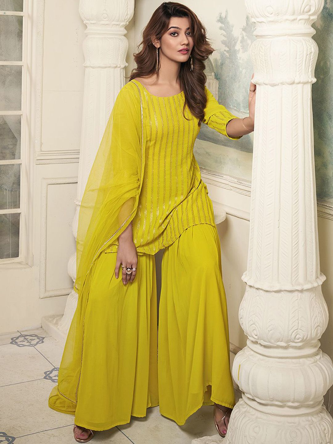 Dhiyona IN Striped Embroidered Straight Short Kurti With Sharara & Dupatta