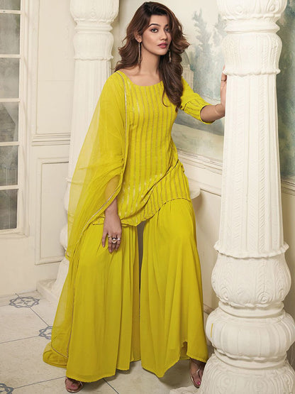 Dhiyona IN Striped Embroidered Straight Short Kurti With Sharara & Dupatta