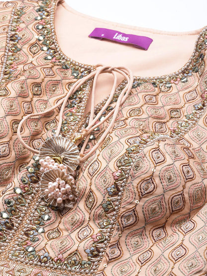 Dhiyona LL Women Peach-Coloured Floral Embroidered Sequinned Pure Silk Kurta with Palazzos & With Dupatta