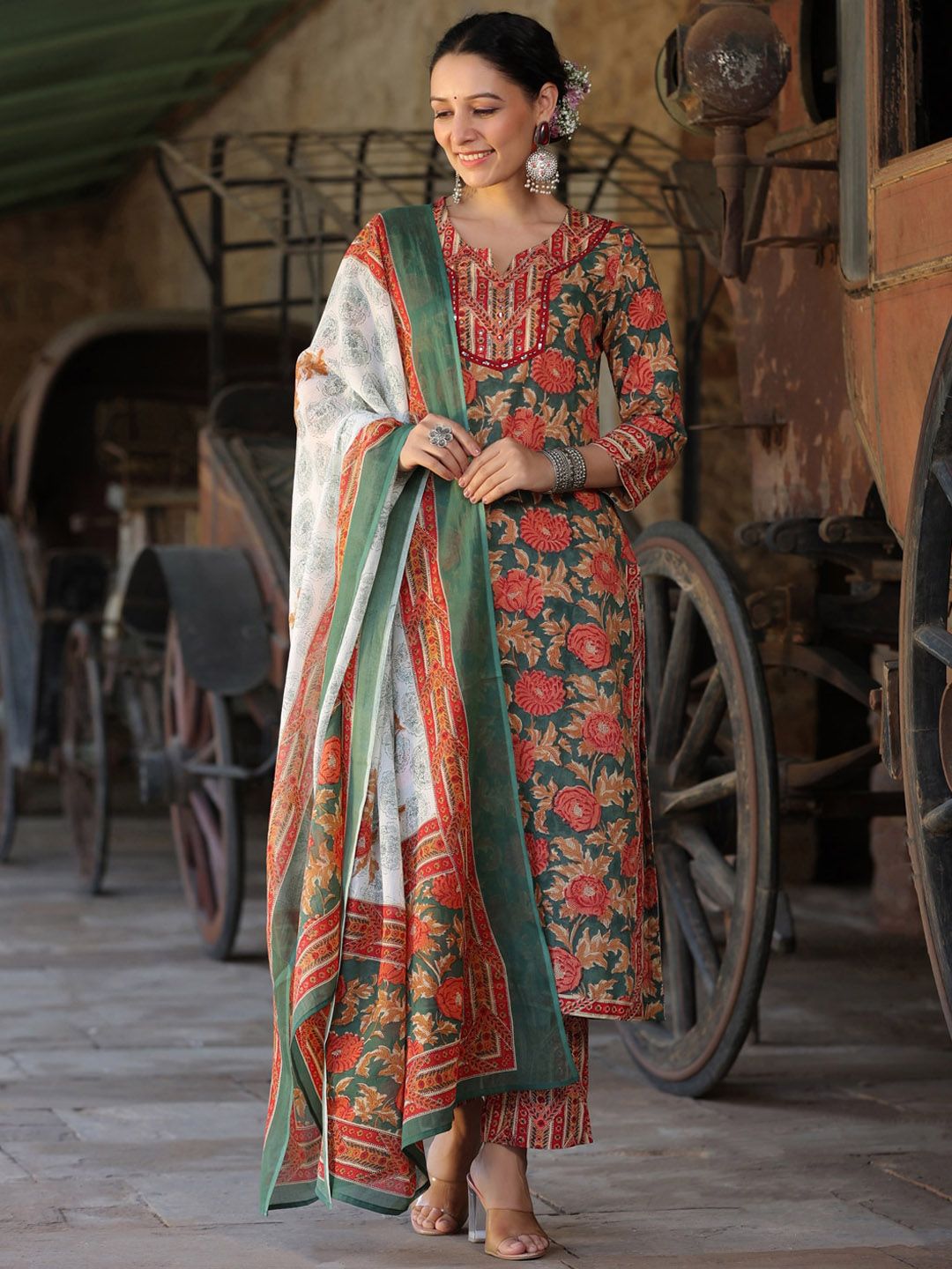 Dhiyona RR Women's Printed Notch Neck Pure Cotton Straight Kurta With Trousers & Dupatta