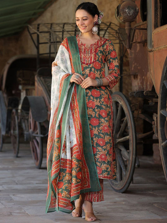 Dhiyona RR Women's Printed Notch Neck Pure Cotton Straight Kurta With Trousers & Dupatta