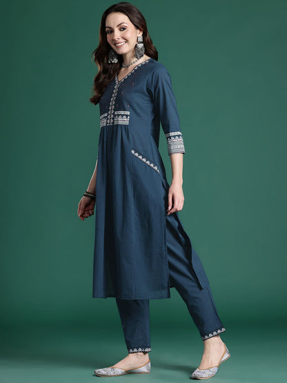 Ethnic Motifs Printed Sequinned Pure Cotton Kurta with Trousers & With Dupatta