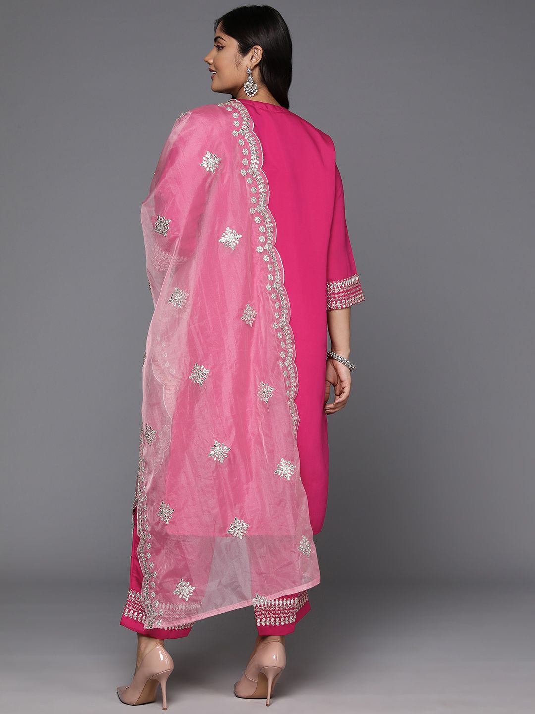 Dhiyona Women's Plus Size Ethnic Motifs Embroidered Gotta Patti Kurta with Trousers & Dupatta