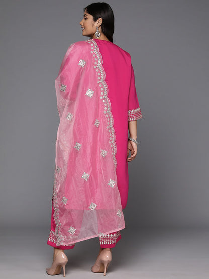 Dhiyona Women's Plus Size Ethnic Motifs Embroidered Gotta Patti Kurta with Trousers & Dupatta