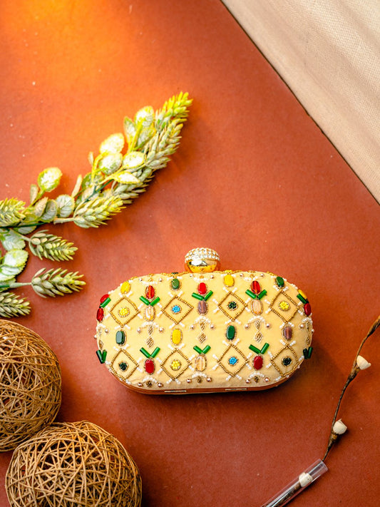 Dhiyona NR Beige & White Embroidered Box Clutch