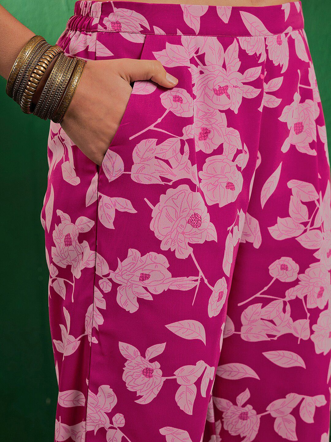 Dhiyona SN Floral Printed Beads & Stones Zari Straight Kurta With Palazzo & Dupatta