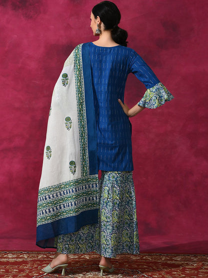 Dhiyona AN Blue Ethnic Motifs Printed Regular Pure Cotton Kurti with Sharara & Dupatta