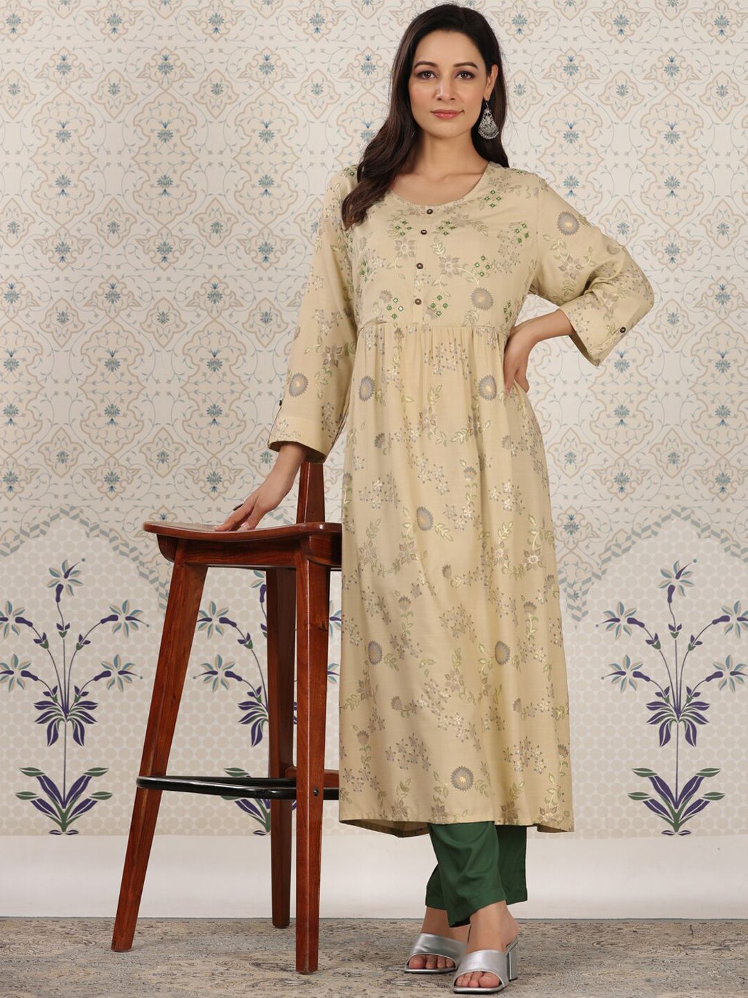 Dhiyona OD  Ethnic motifs Printed Mirror Work Detailed A-Line Kurta