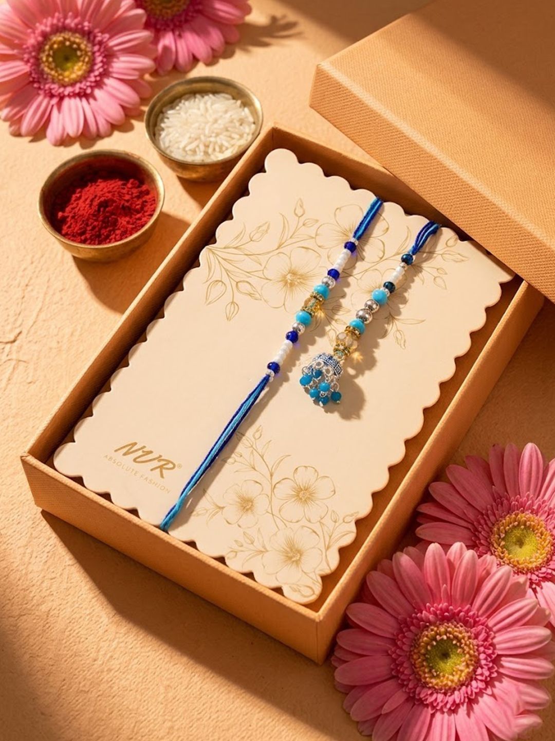 Dhiyona Set Of 2 Blue Artificial Beads Jhumka Design Bhaiya Bhabhi Rakhi With Roli Chawal