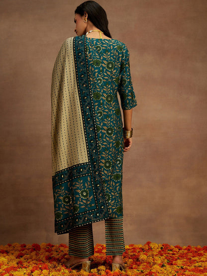 Floral Printed Regular Sequinned Kurta & Trousers With Dupatta