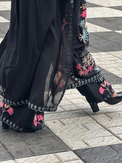 Dhiyona KL Floral Embroidered Georgette Kurta with Palazzos & With Dupatta