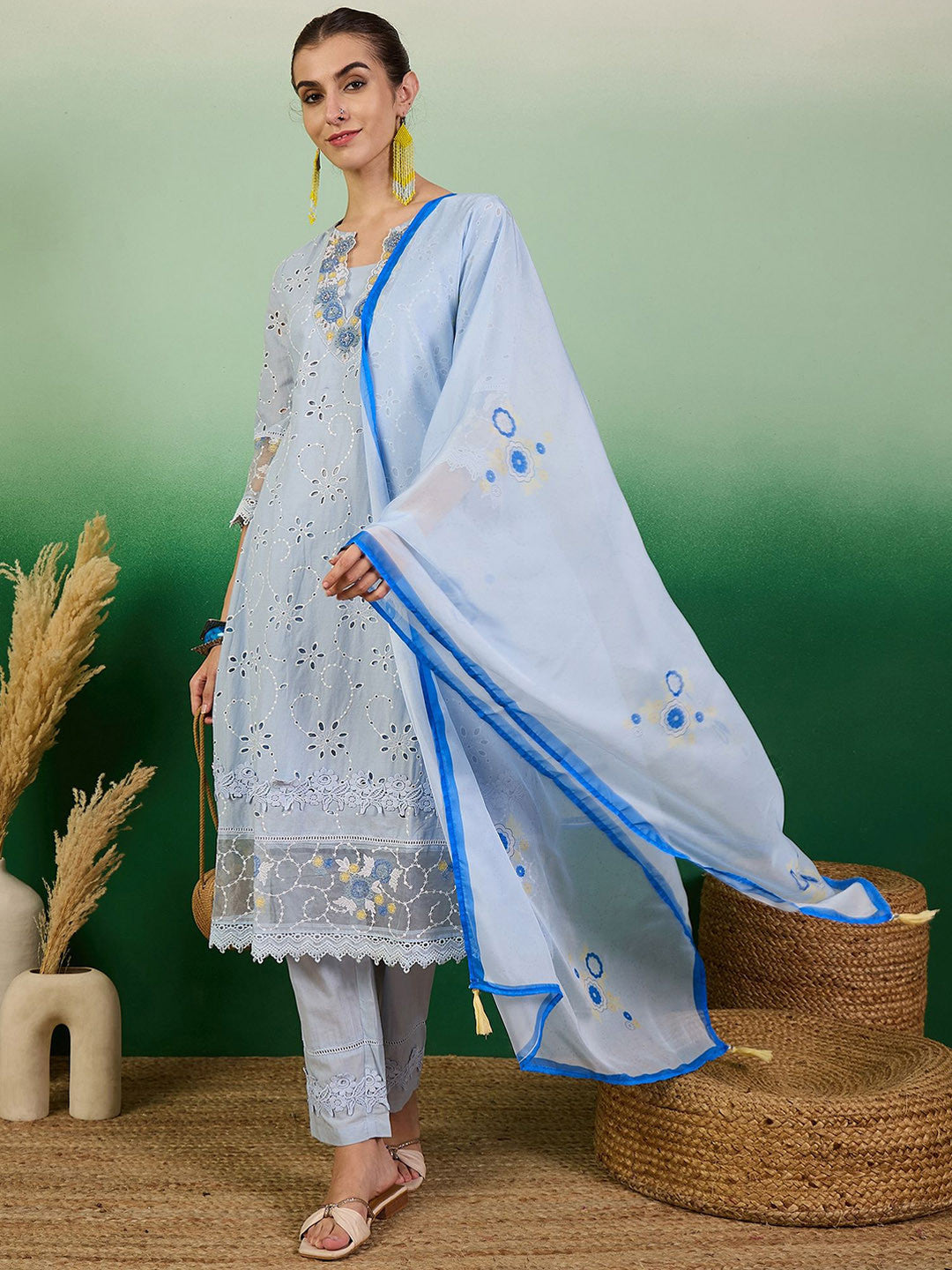 Embroidered Straight Kurta With Trouser Set