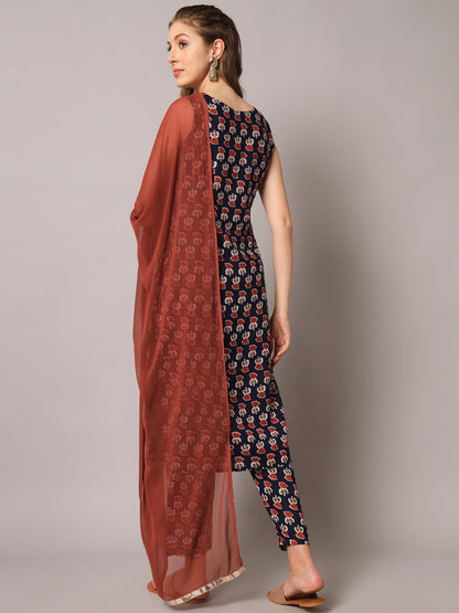 Dhiyona KL Floral Printed Round Neck Gotta Patti Straight Kurta With Trousers & Dupatta
