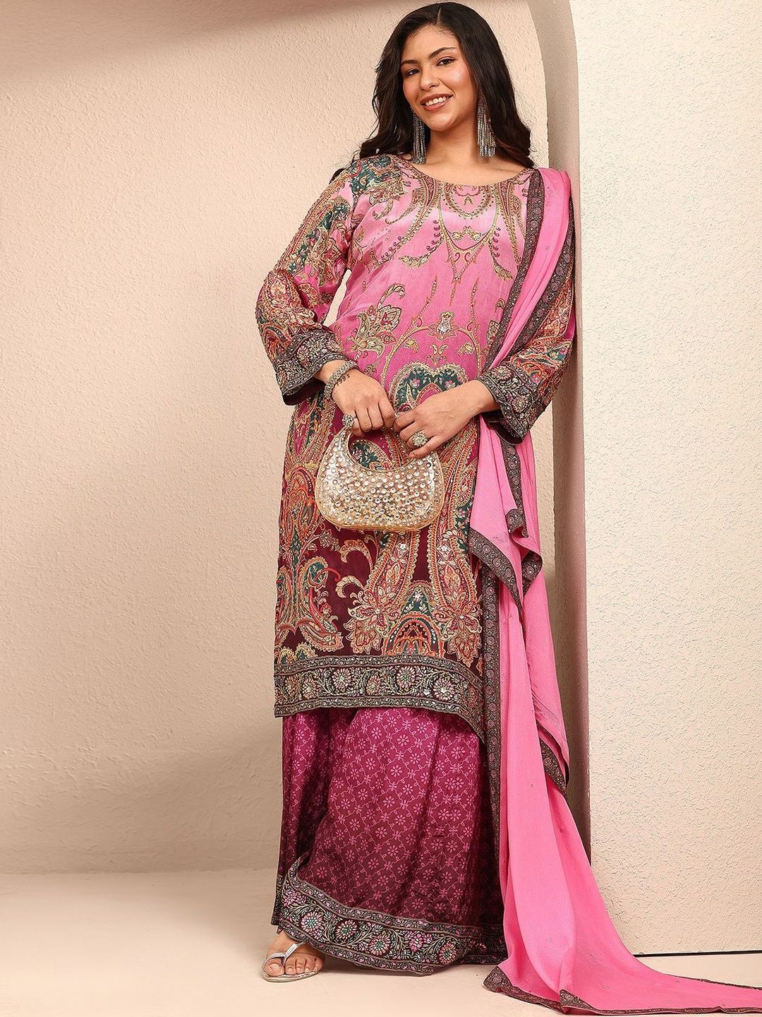 Dhiyona Women's Ethnic Motifs Printed Regular Thread Work Silk Crepe Kurta with Palazzos & With