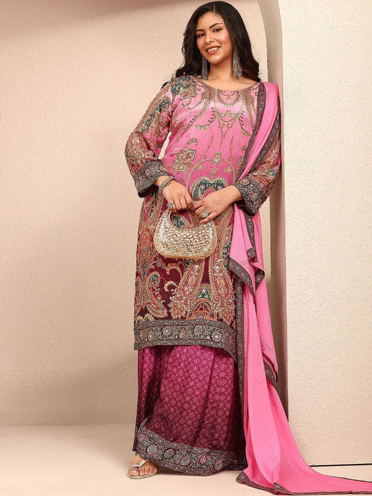 Dhiyona Women's Ethnic Motifs Printed Regular Thread Work Silk Crepe Kurta with Palazzos & With