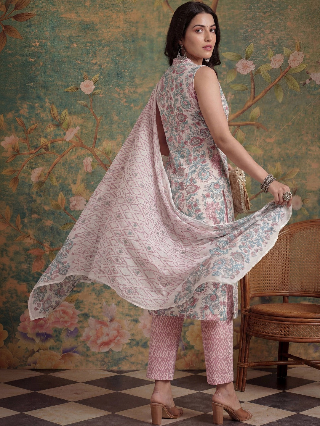 Printed Pure Cotton V-Neck Kurta & Trousers With Dupatta
