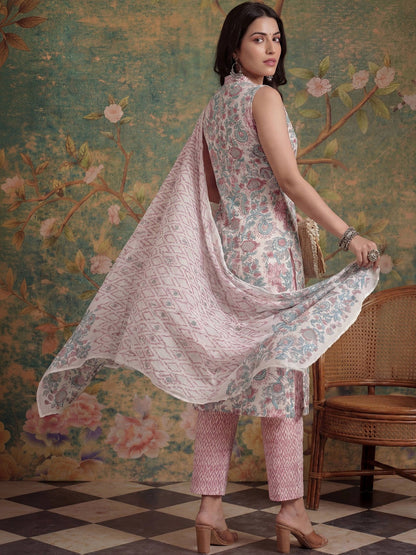 Printed Pure Cotton V-Neck Kurta & Trousers With Dupatta