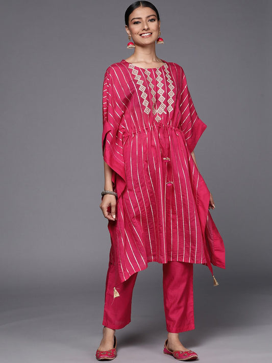 Dhiyona VA Women'sStriped Thread Work Chanderi Silk Kaftan Kurta with Trousers