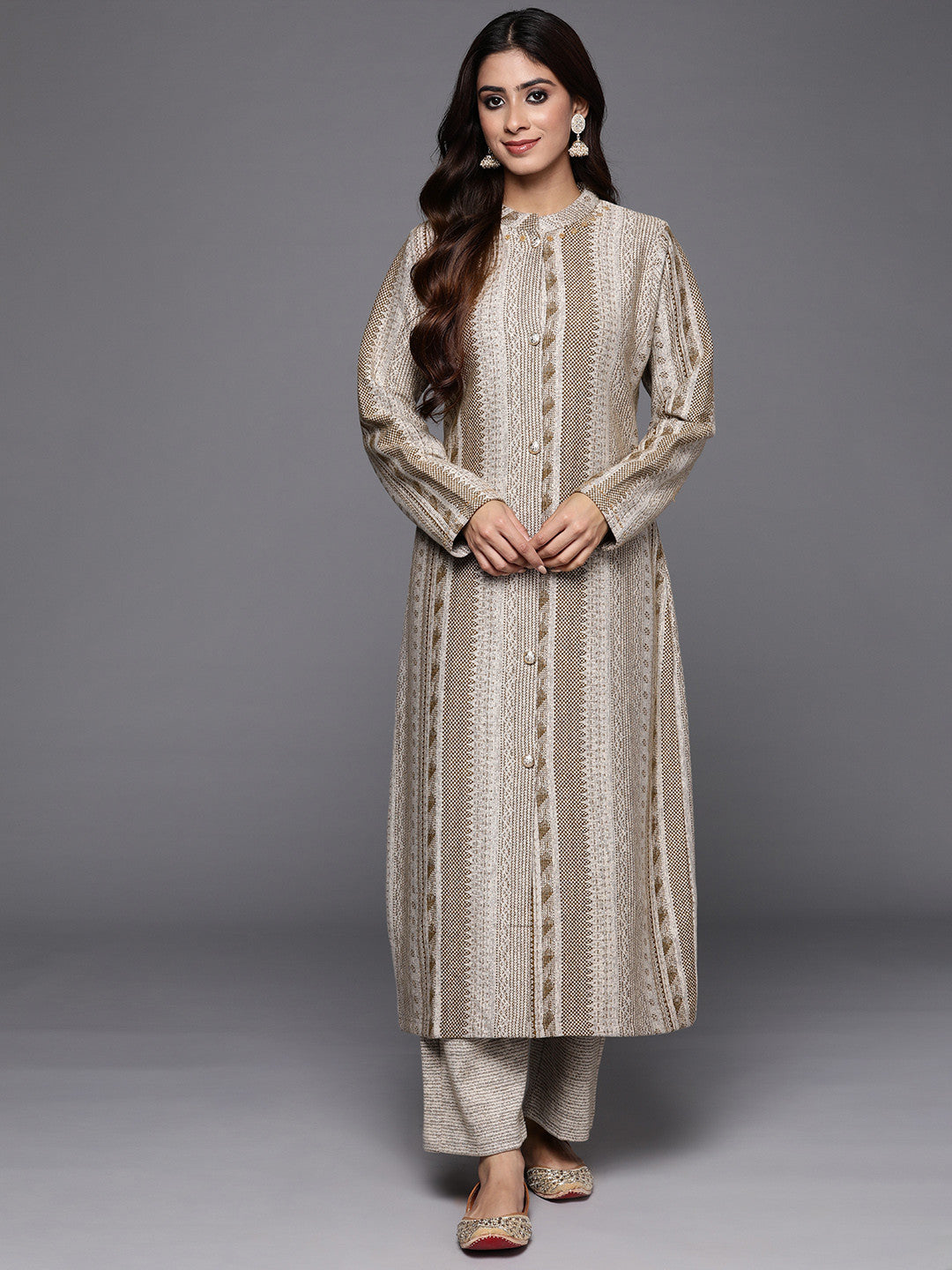Women Self Design Panelled Beaded Kurta with Trousers