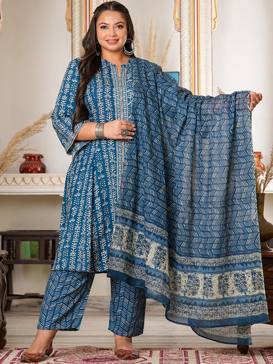 Dhiyona KL Plus Size Floral Printed Staight Kurta & Trousers With Dupatta