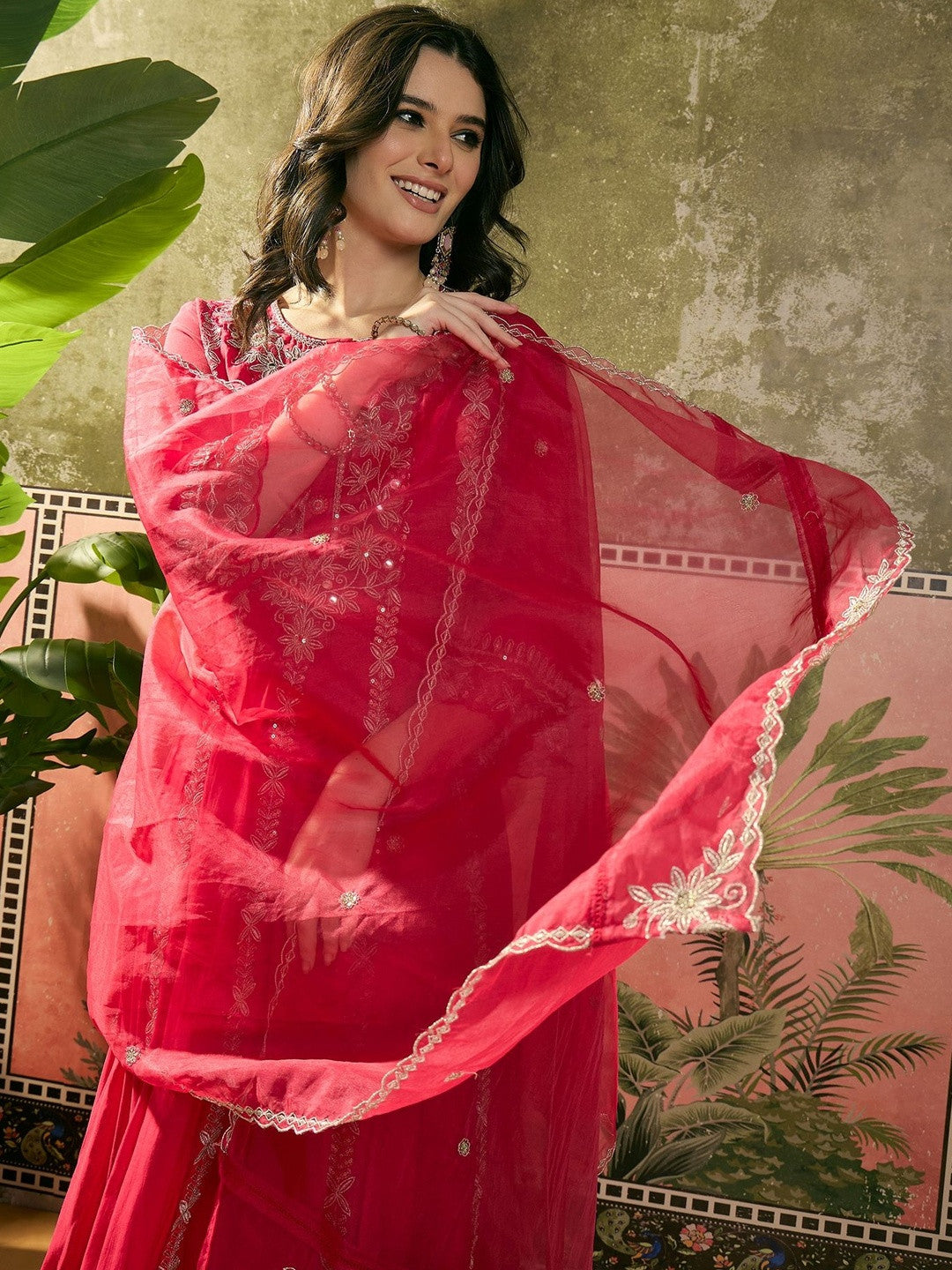 Embroidered Round-Neck Kurta Trousers & Dupatta