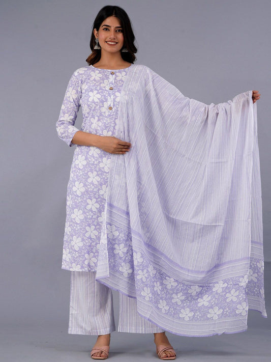 Dhiyona KL Floral Printed Pure Cotton Kurta With Palazzo & With Dupatta
