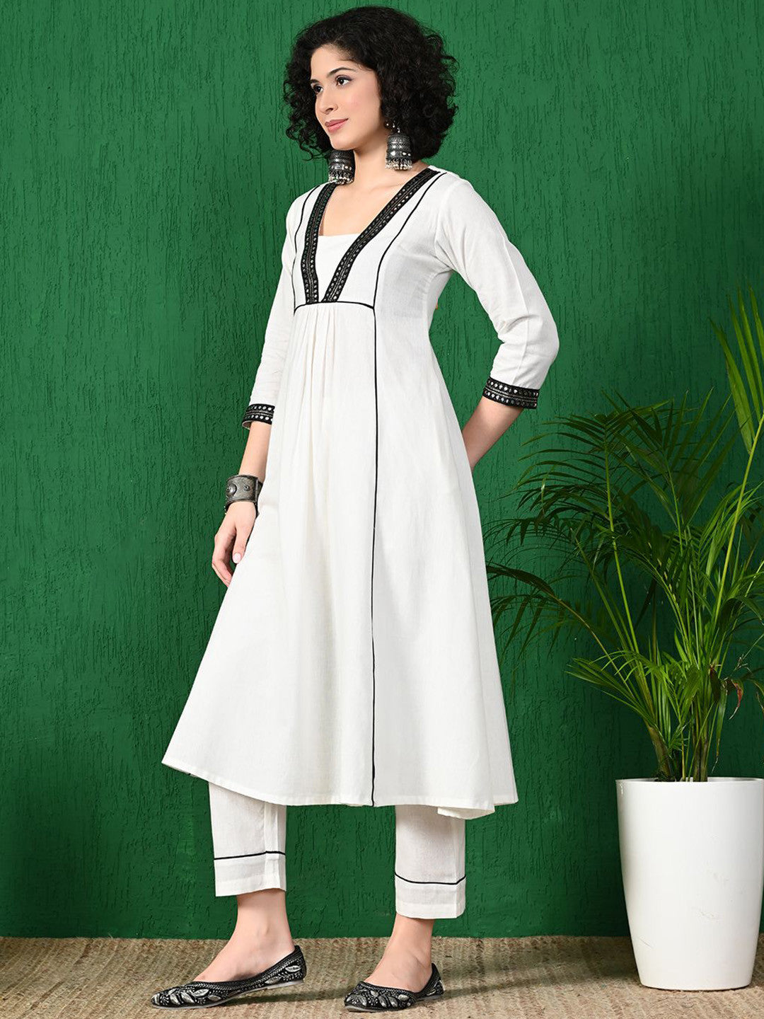 Square Neck Mirror Work Pure Cotton A-Line Kurta With Trouser